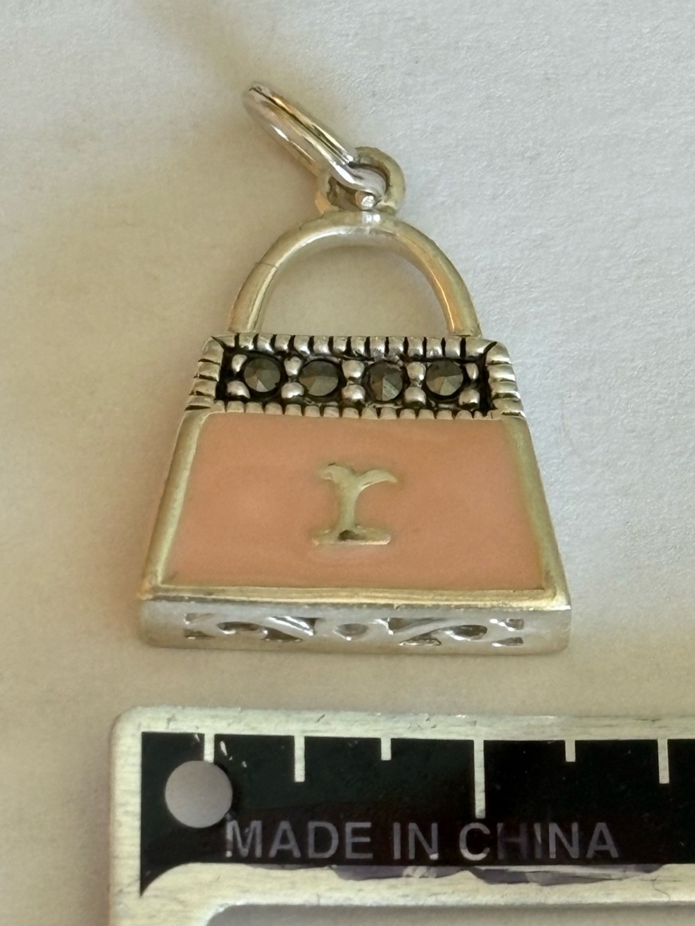Sterling Pink Enamel Handbag Charm with Rhinestones